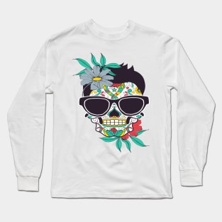 Sugar Skull with glasses and Flowers Long Sleeve T-Shirt